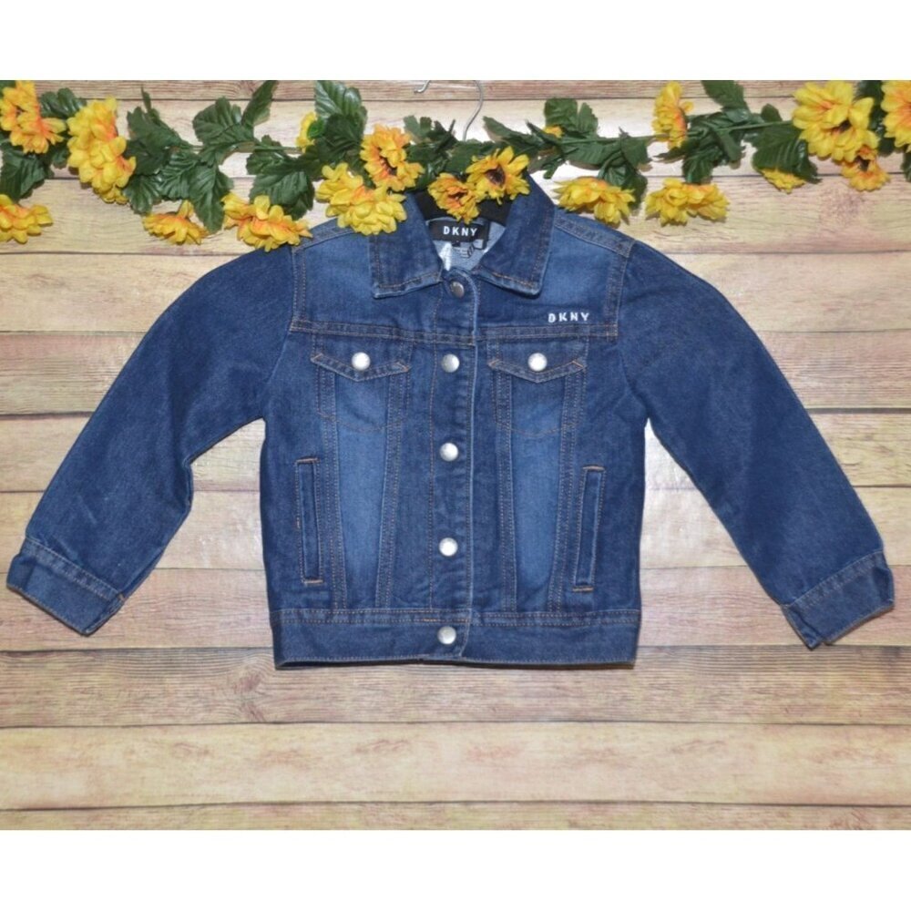 DKNY Girls Denim Long Sleeve Button Up Blue Jean Jacket Size 4 Embroidered Logo